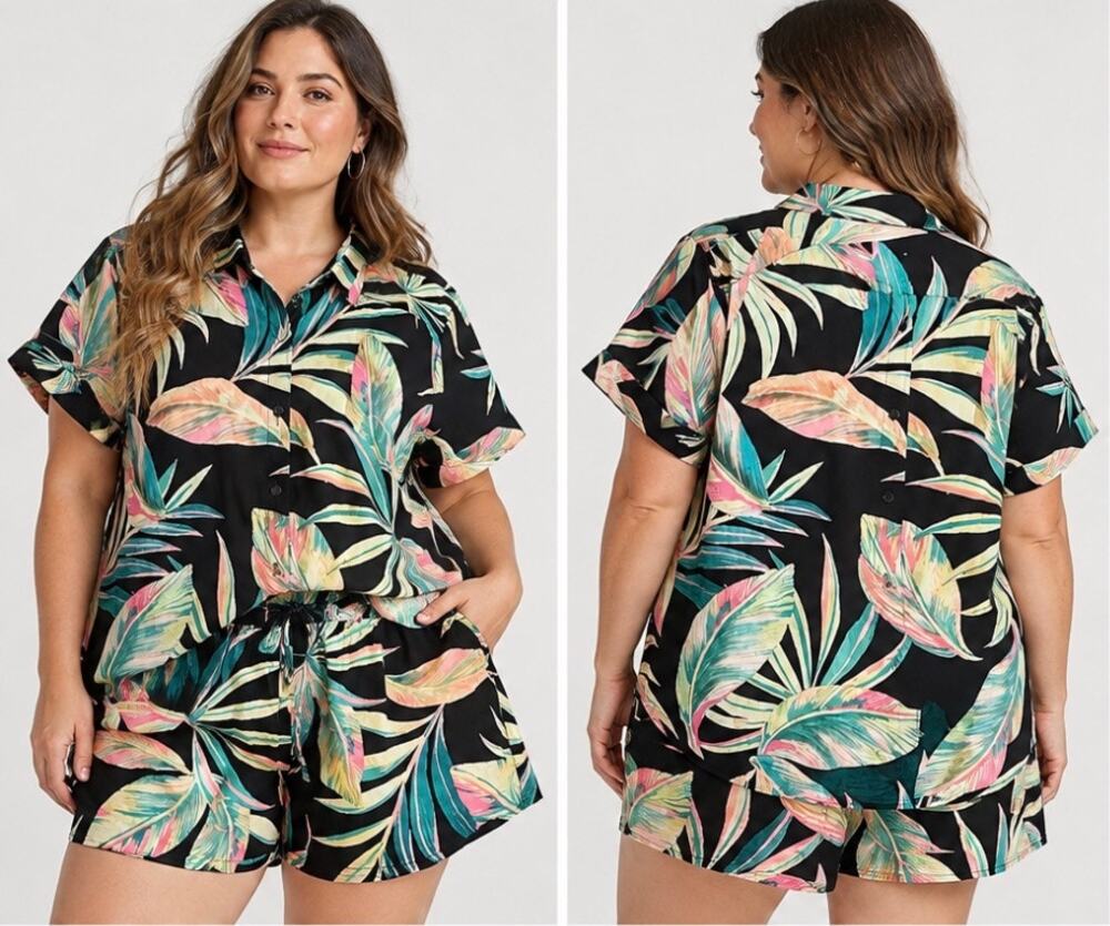 Torrid Size 1 (14/16) Tropical Floral Matching Shirt Shorts Black Lounge set